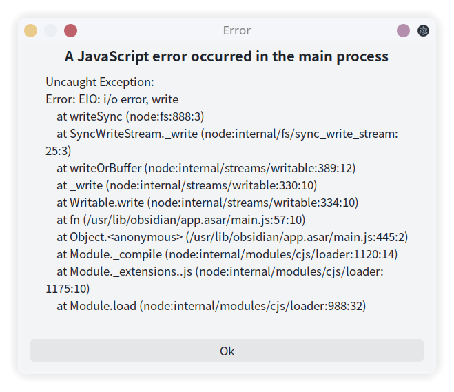 A JavaScript error occurred in the main process. Uncaught