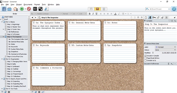 3. Corkboard view - all subdocuments shown as cards for easy rearrangement