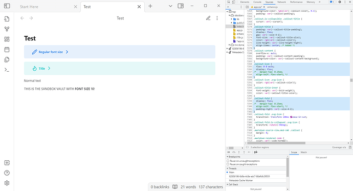 the sandbox vault with the browser inspector open to app.css on the right. There are three selected sections of the app.css which have been modified