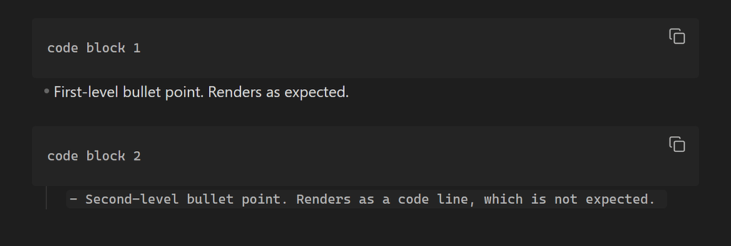 Adding a second level bullet point right after a code block leads to ...