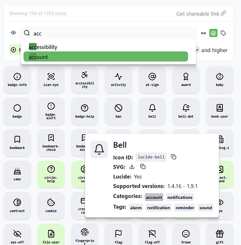 Example of searching through icons by a particular category