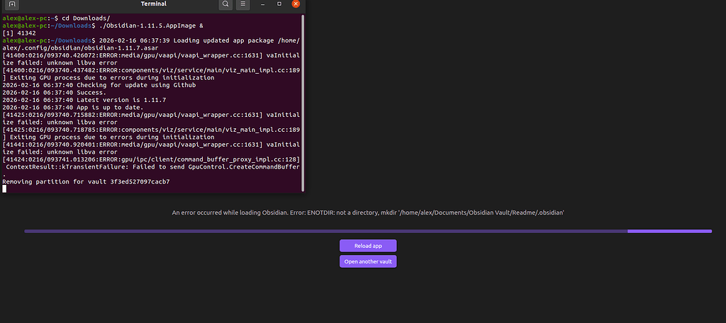 An error occurred while loading obsidian. Error: enotdir not a ...