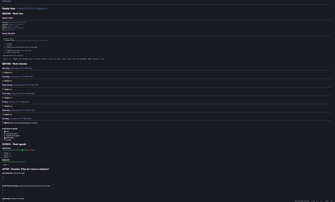 Daily and weekly notes showcases using dataview share showcase