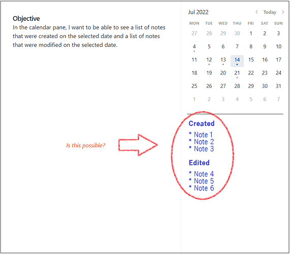 List notes related to the selected date in the Calendar plugin Help