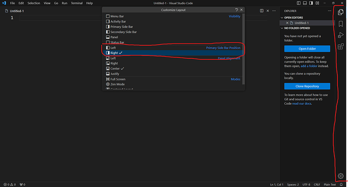 Screenshot of VS Code highlighted with primary side bar and the setting to position it