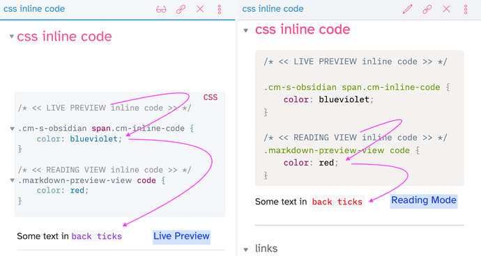 inline code obsidian live preview mode and reading mode
