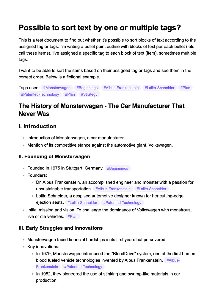 Possible to sort text within a single document using tag or tags
