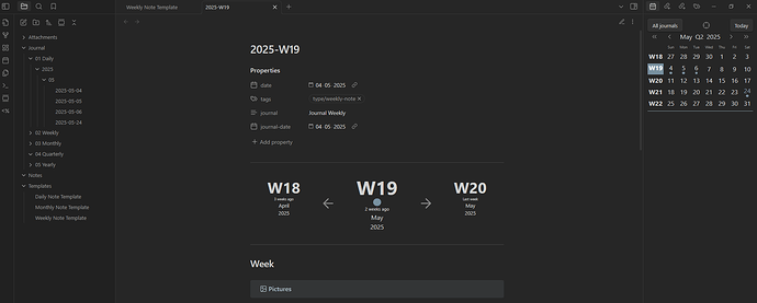 weekly note template in reading mode