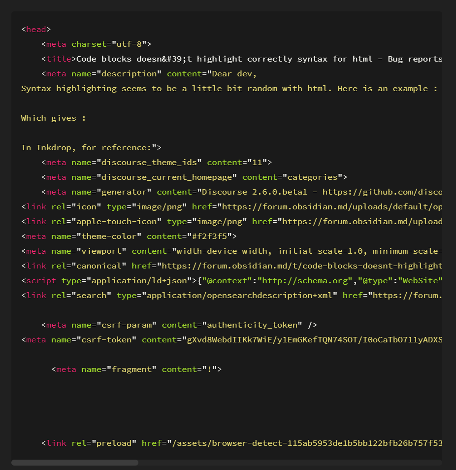 Code blocks correctly syntax for html - graveyard - Obsidian Forum