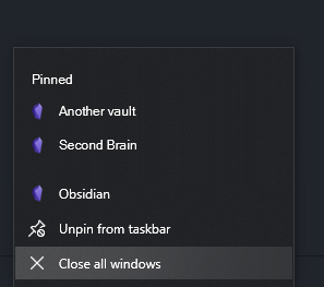 Vaults pinned to the taskbar