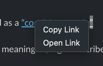 Slack context menu with "Copy Link" and "Open Link" items
