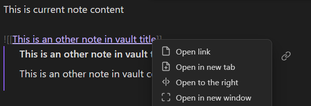 Context menu for an internal note content on right click on internal link