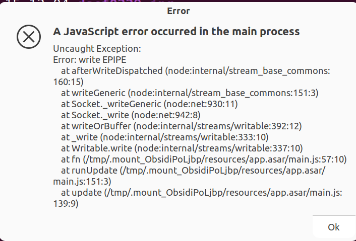 A JavaScript error occurred in the main process. Uncaught