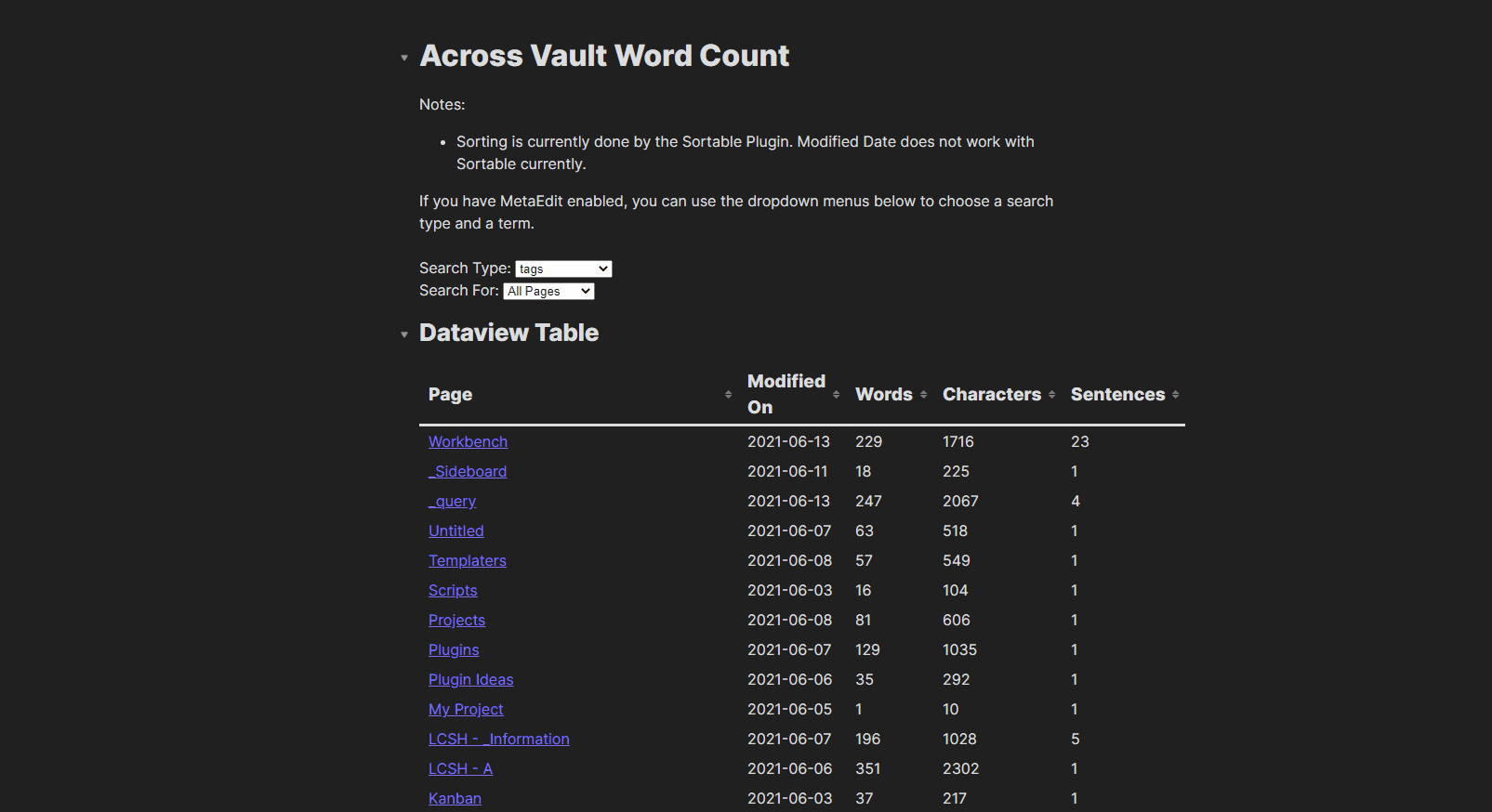 Across Vault Word Count
